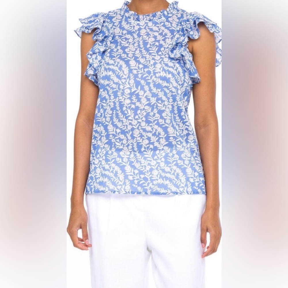 NWT Banjanan Klara Floral Ruffle Top in Marina Blue